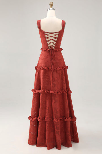 Terracotta A-line Ruffled Long Bridesmaid Dress with Lace Up Back